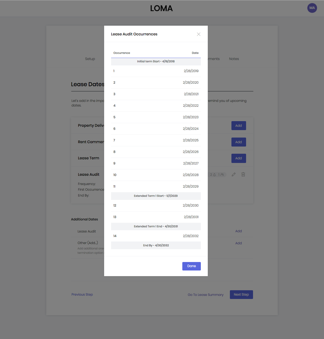 Step 5 Recurring Lease Dates